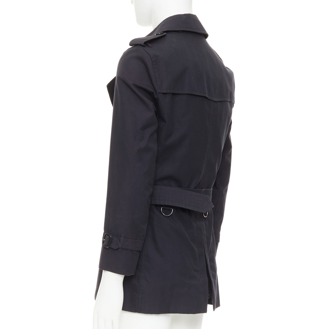 BURBERRY Prorsum 2011 black cotton twill leather trim belted trench coat EU46 S