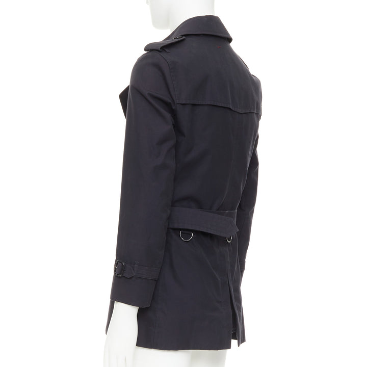 BURBERRY Prorsum 2011 black cotton twill leather trim belted trench coat EU46 S