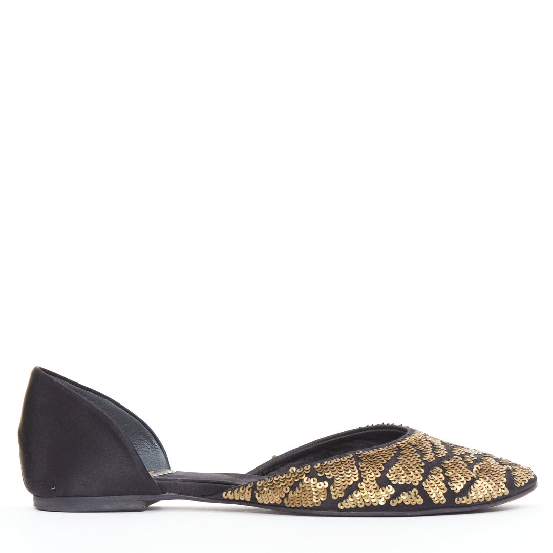 ROGER VIVIER gold sequin black satin half dorsay ballerina flats EU34