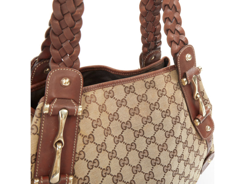 GUCCI Pelham Vintage beige GG monogram canvas brown braided handle boho bag