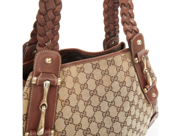 GUCCI Pelham Vintage beige GG monogram canvas brown braided handle boho bag