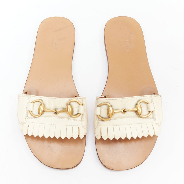 GUCCI Varadero cream gold horsebit fringe flat slipper shoes EU36.5