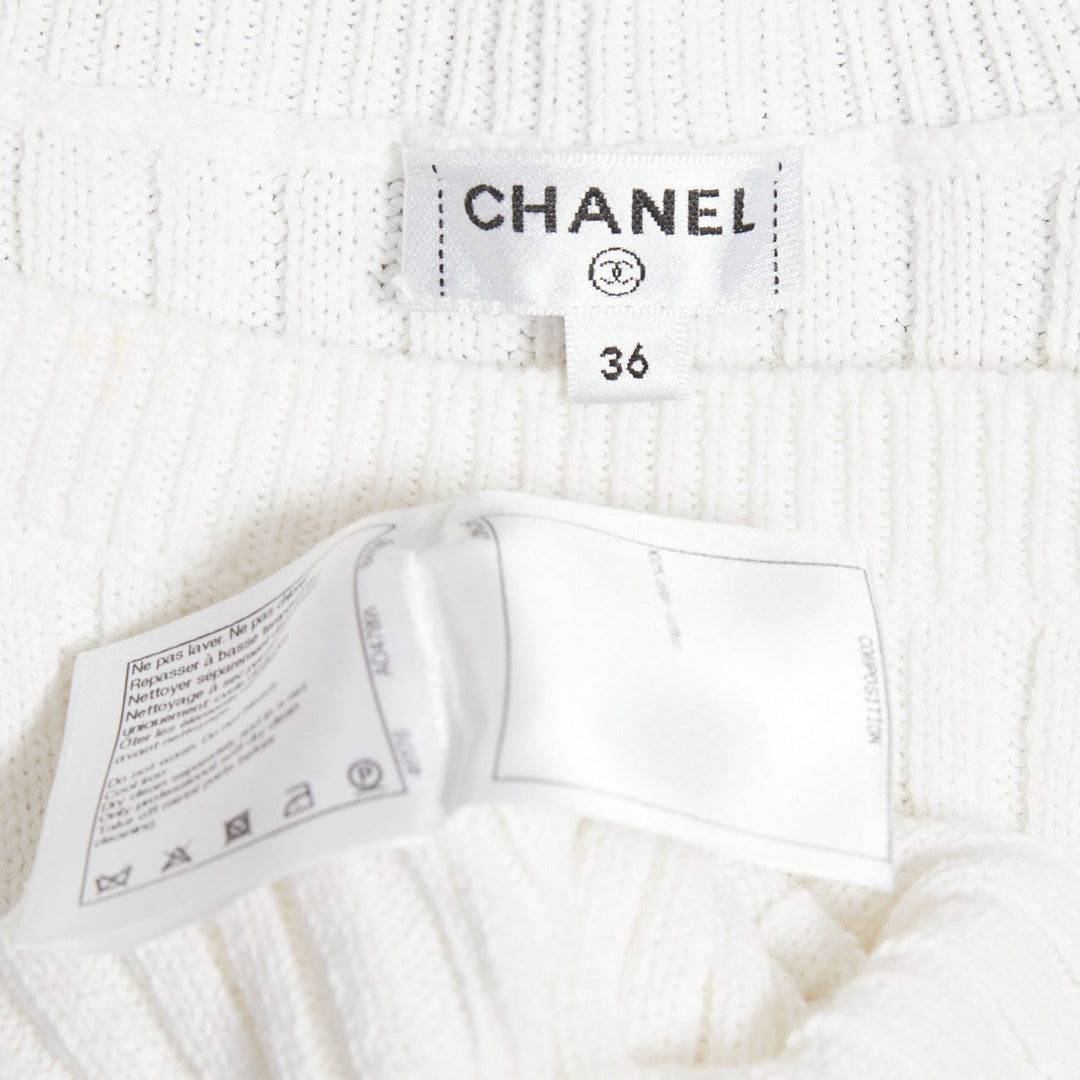 CHANEL white ribbed cotton knit CC logo buckle sash sweater FR36 S