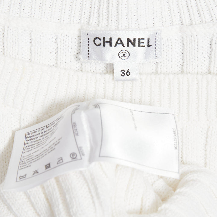 CHANEL white ribbed cotton knit CC logo buckle sash sweater FR36 S