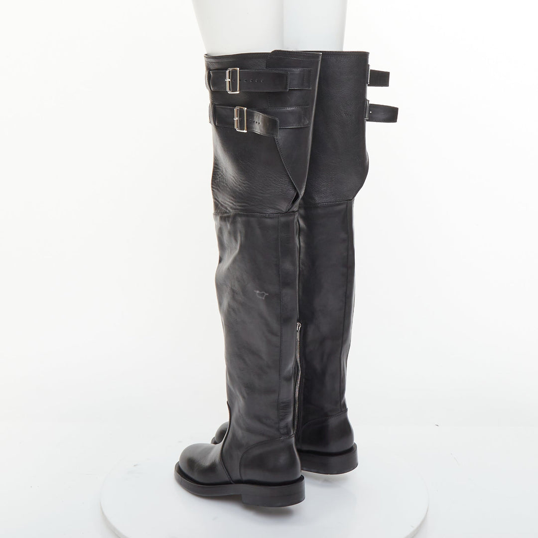 ANN DEMEULEMEESTER black leather silver multi buckles over the knee boots EU38