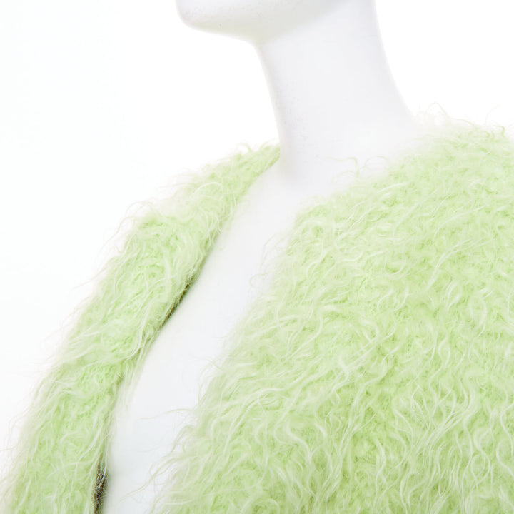 DRIES VAN NOTEN light green fuzzy mohair wool collarless loose open knit coat S