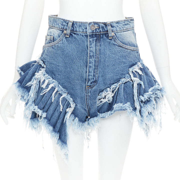 NATASHA ZINKO blue washed frayed layered hem mini high waist shorts XS