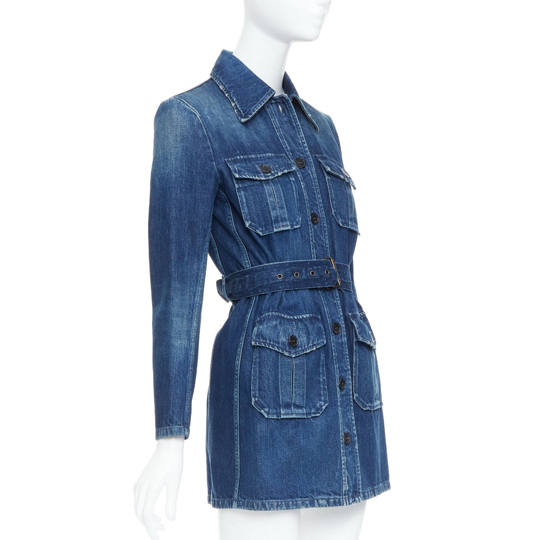 SAINT LAURENT Saharienne blue indigo washed denim belted safari shirt dress