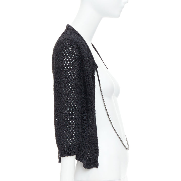 CHANEL 2004 black cotton blend CC chain link open knit cardigan FR38 M