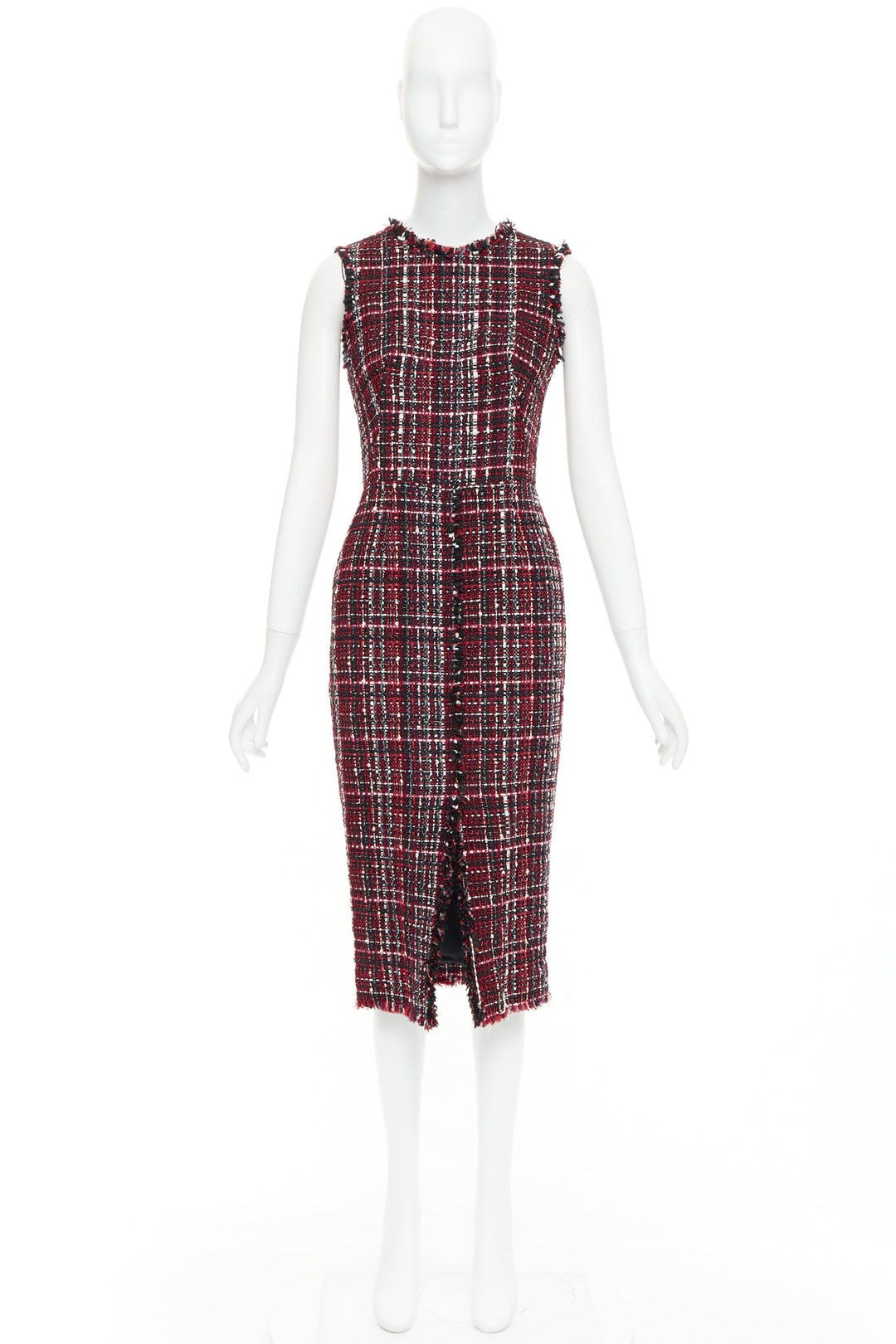 ALEXANDER MCQUEEN 2018 red black tartan tweed front slit shift dress IT38 XS