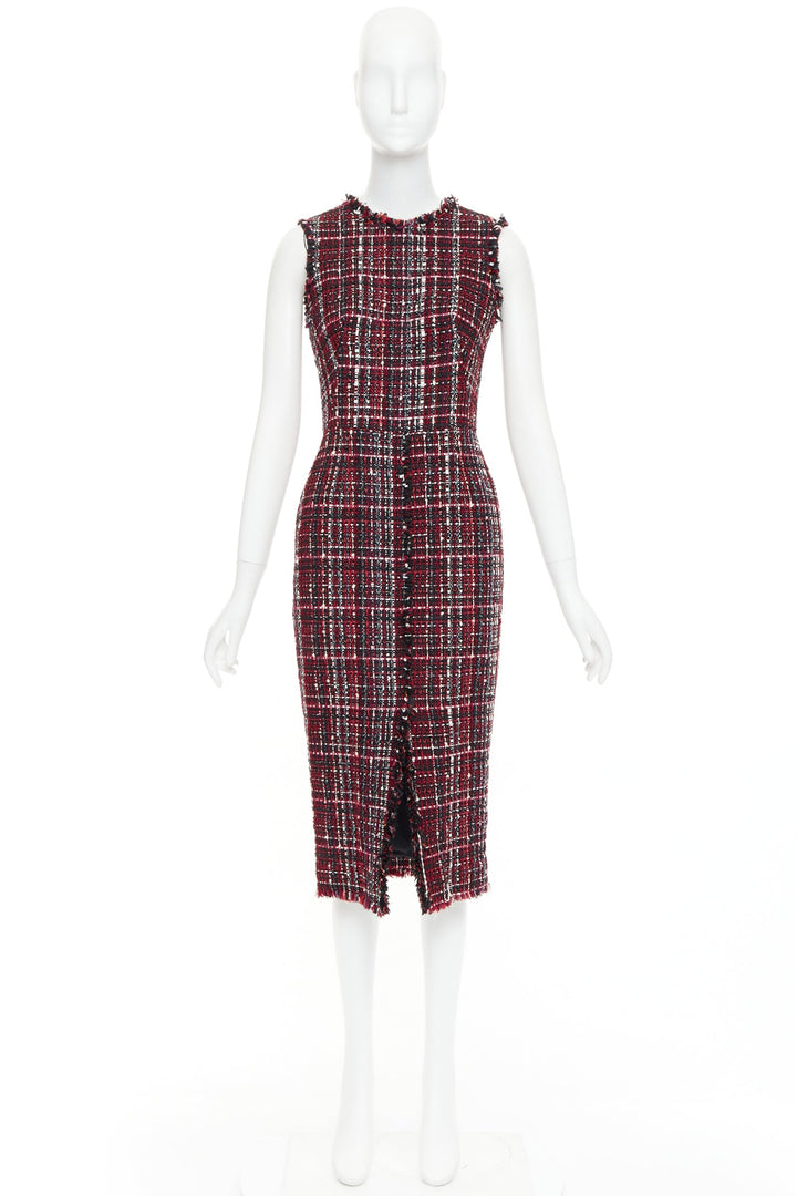ALEXANDER MCQUEEN 2018 red black tartan tweed front slit shift dress IT38 XS