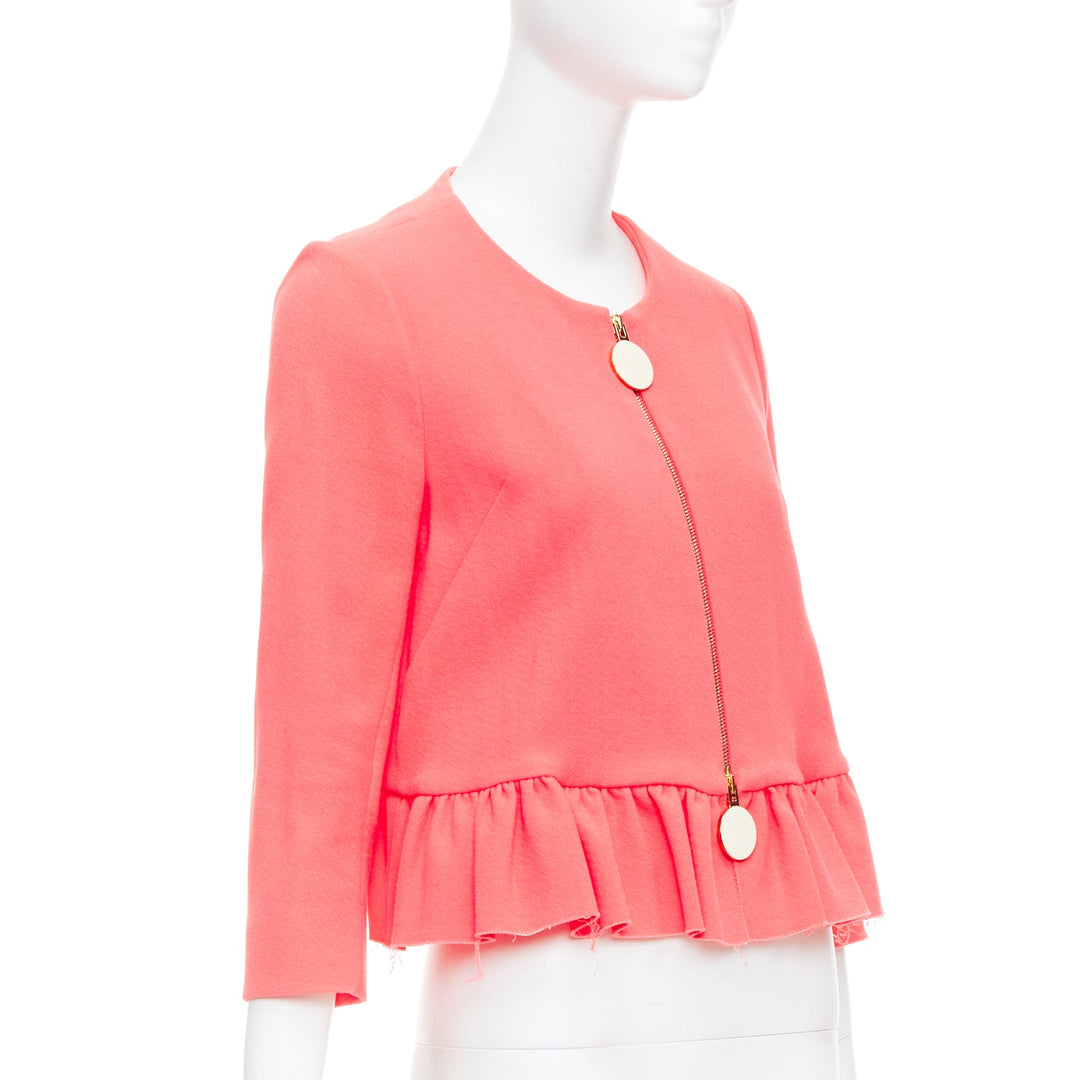 MARNI hot pink cotton blend ruffle hem zip front cropped jacket IT38 XS