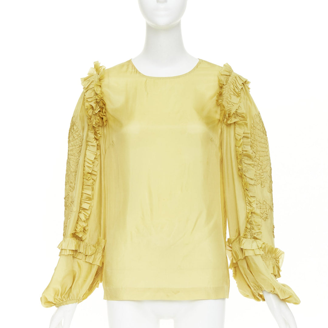 DRIES VAN NOTEN yellow 100% silk ruffle applique puff sleeve blouse FR38 M