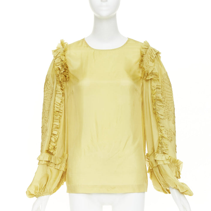 DRIES VAN NOTEN yellow 100% silk ruffle applique puff sleeve blouse FR38 M