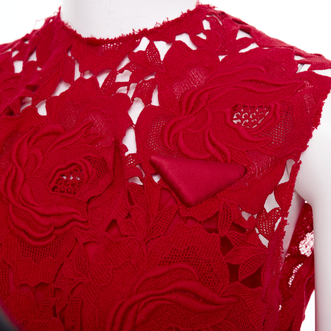 PRADA 2022 Runway red rose blooming guipure lace open back sheath dress IT40