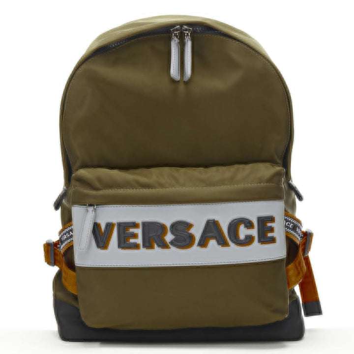 VERSACE Reflective Logo green nylon orange Greca strap backpack
