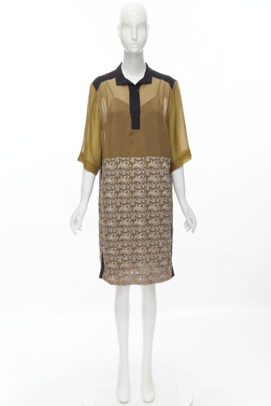 DRIES VAN NOTEN 2012 gold oriental crane embroidery shift dress FR36 S