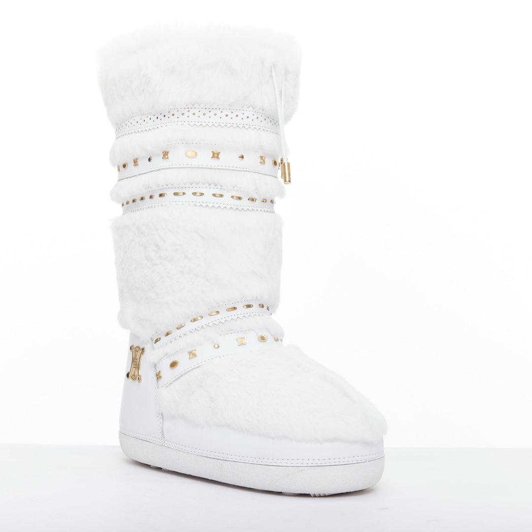 rare CELINE Macadam white gold logo faux fur Triomphe snow boots EU38-40