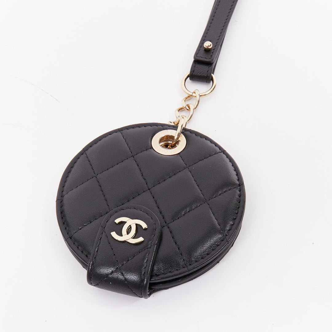 CHANEL black quilted lambskin leather CC logo chain round luggage tag