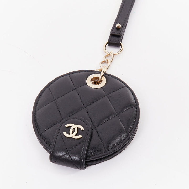 CHANEL black quilted lambskin leather CC logo chain round luggage tag