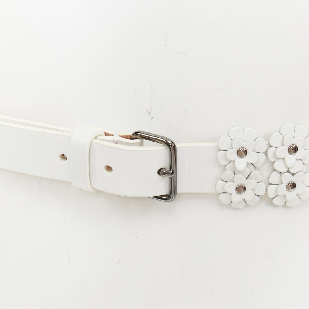 ALAIA 2022 white leather 3D floral petal laser cut studded slim waist belt 65cm