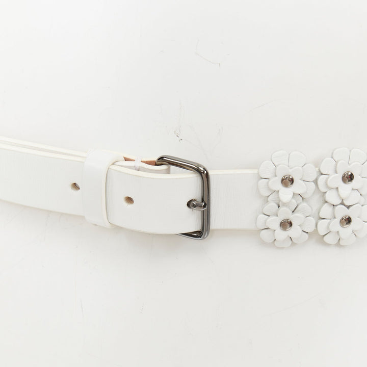 ALAIA 2022 white leather 3D floral petal laser cut studded slim waist belt 65cm
