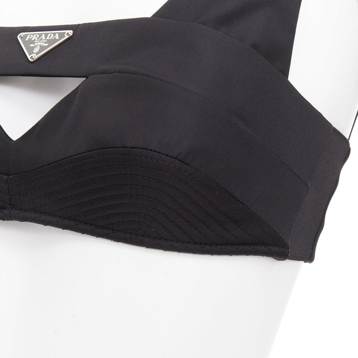PRADA Re-Nylon black triangle logo cut out contour crop top bralette IT36 XS