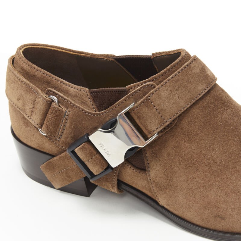 PRADA Santiag brown suede logo buckle harness western brogue shoe EU36