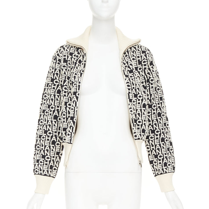 CHANEL 19A Coco Neige embossed monogram jacquard cropped bomber jacket FR34 XS