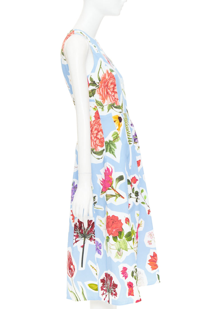 CAROLINA HERRERA light blue floral collage print sleeveless faille dress US4 S