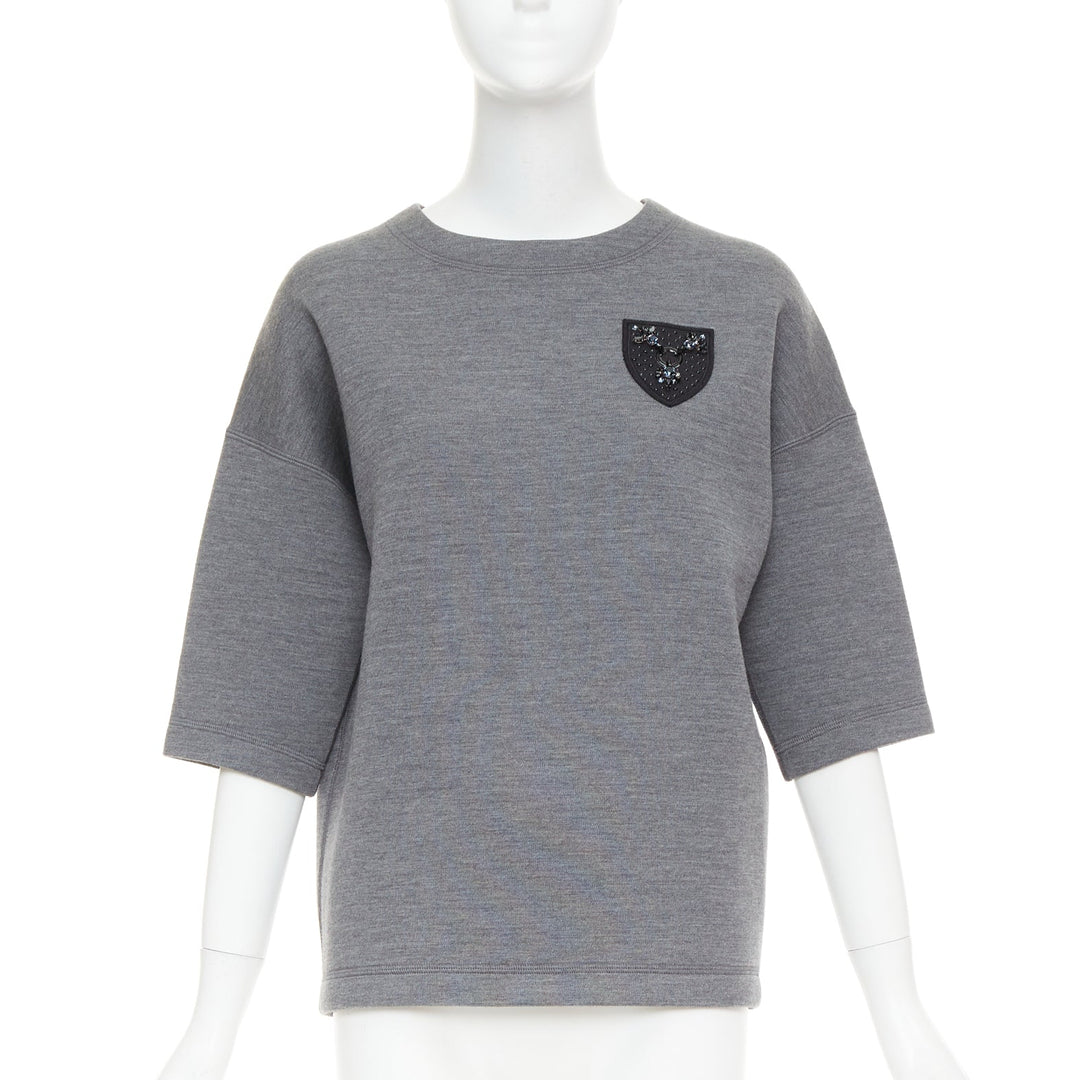 DIOR 2017 grey wool blend black crystal embellished crest sweatshirt FR34 XS