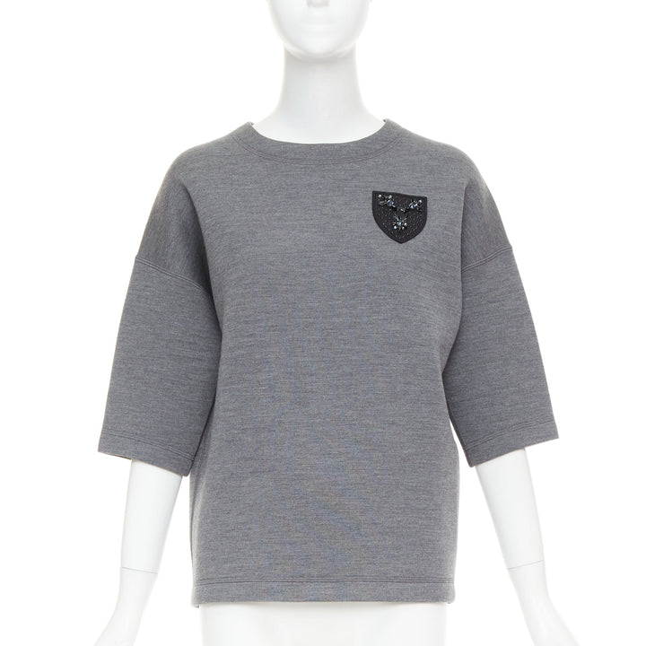 DIOR 2017 grey wool blend black crystal embellished crest sweatshirt FR34 XS