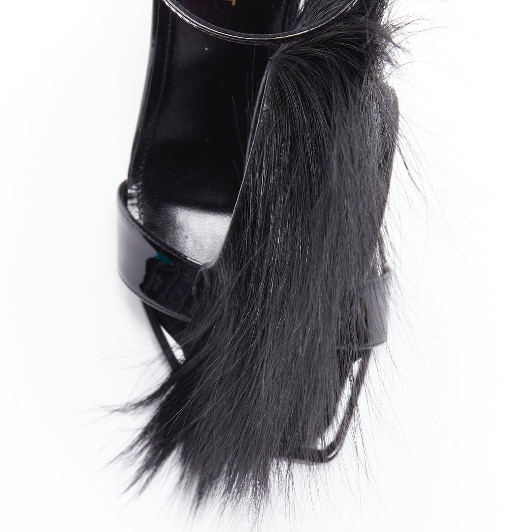 SAINT LAURENT Jamie 110 Runway black fur mohawk patent sandals EU37.5