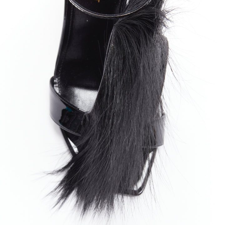 SAINT LAURENT Jamie 110 Runway black fur mohawk patent sandals EU37.5