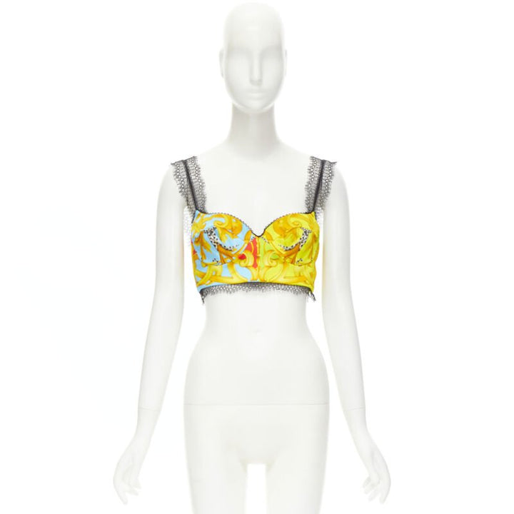 Female mannequin wearing Versace by Donatella Versace Pop Acanthus Barocco Multicolour Polyester Women Bustier in Size IT38 | Available at JHROP