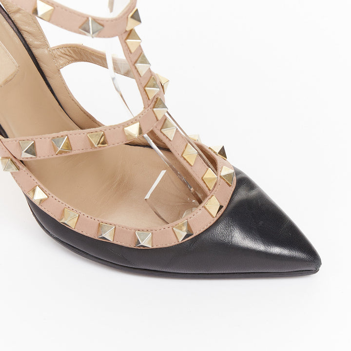 VALENTINO Rockstud black leather poudre cage stiletto pumps EU37 US7