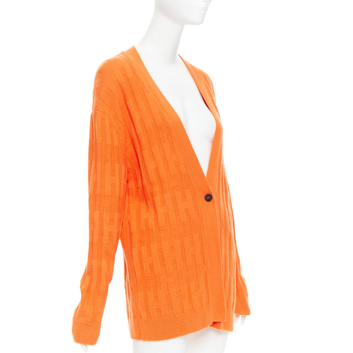HERMES  H intarsia orange virgin wool V neck oversized cardigan FR36 S