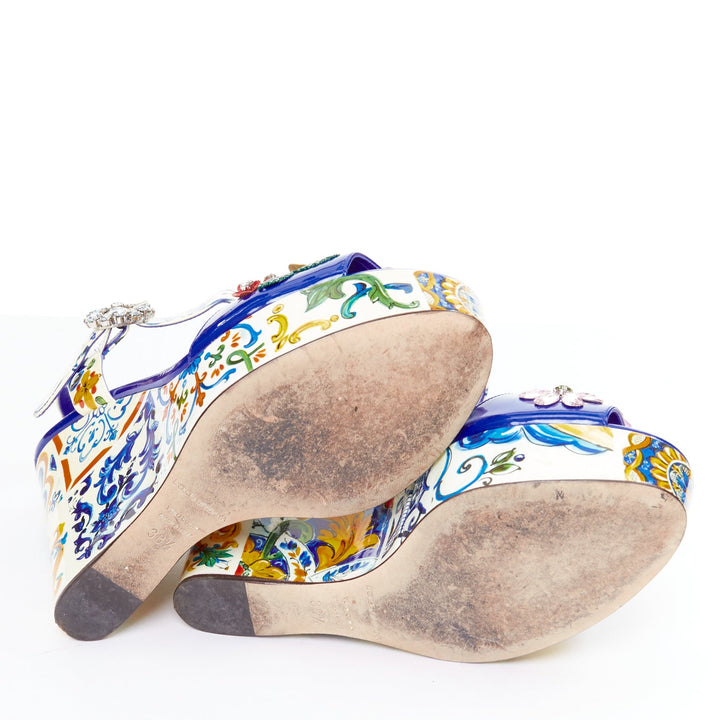 DOLCE GABBANA Bianca blue Majolica print floral embellish platform wedges EU38.5
