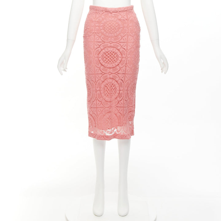 BURBERRY Runway pink cotton blend floral lace high waisted pencil skirt IT36 XXS