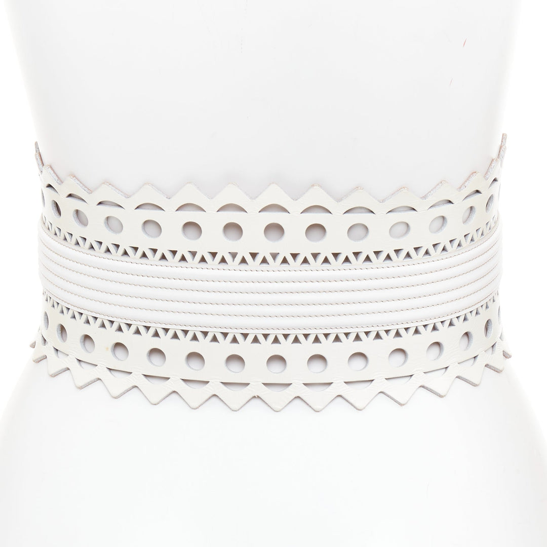 ALAIA Vienne white leather laser cut cinched corset wide belt 65cm