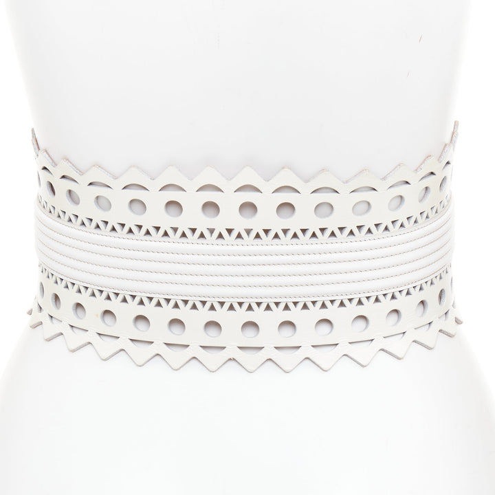 ALAIA Vienne white leather laser cut cinched corset wide belt 65cm