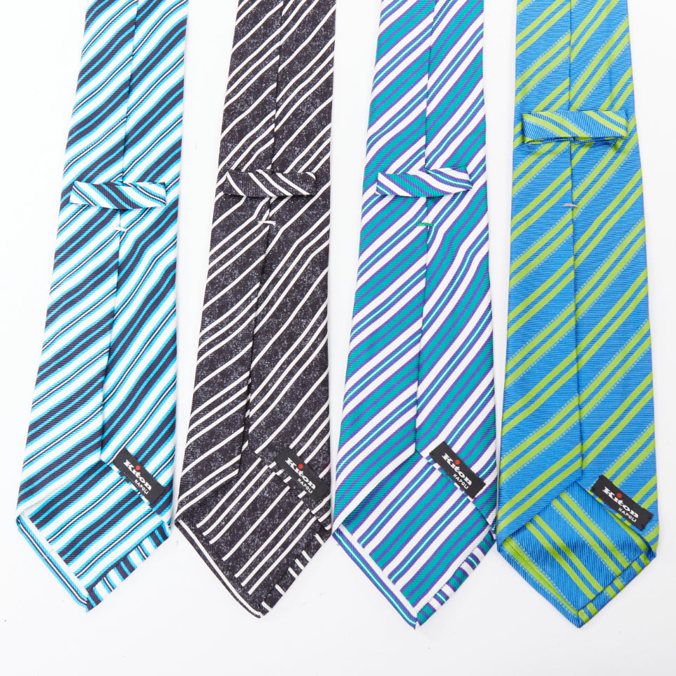 KITON NAPOLI Set of 4 100% silk blue green black white diagonal stripe dress tie