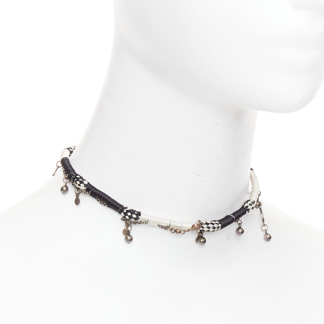 SAINT LAURENT black white braided tribal ball charms choker necklace