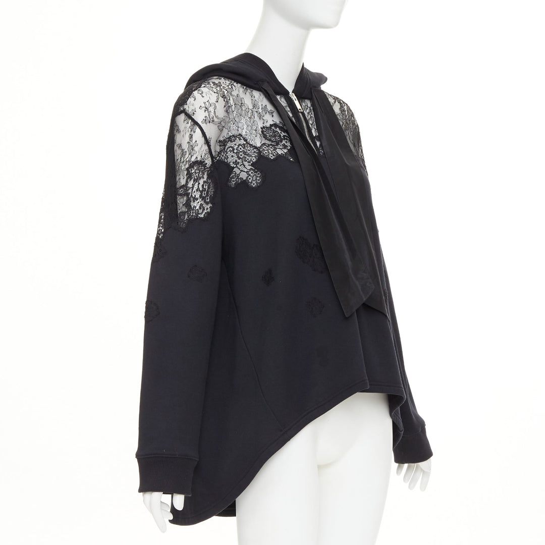 VALENTINO black cotton sheer floral lace panel floral applique half zip hoodie M