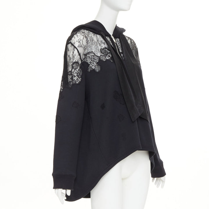 VALENTINO black cotton sheer floral lace panel floral applique half zip hoodie M