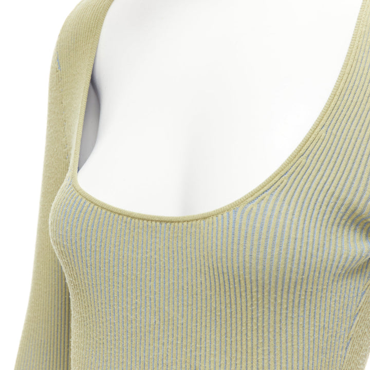 JACQUEMUS Rosa green blue ribbed scoop neck fitted long sleeve top FR40 L