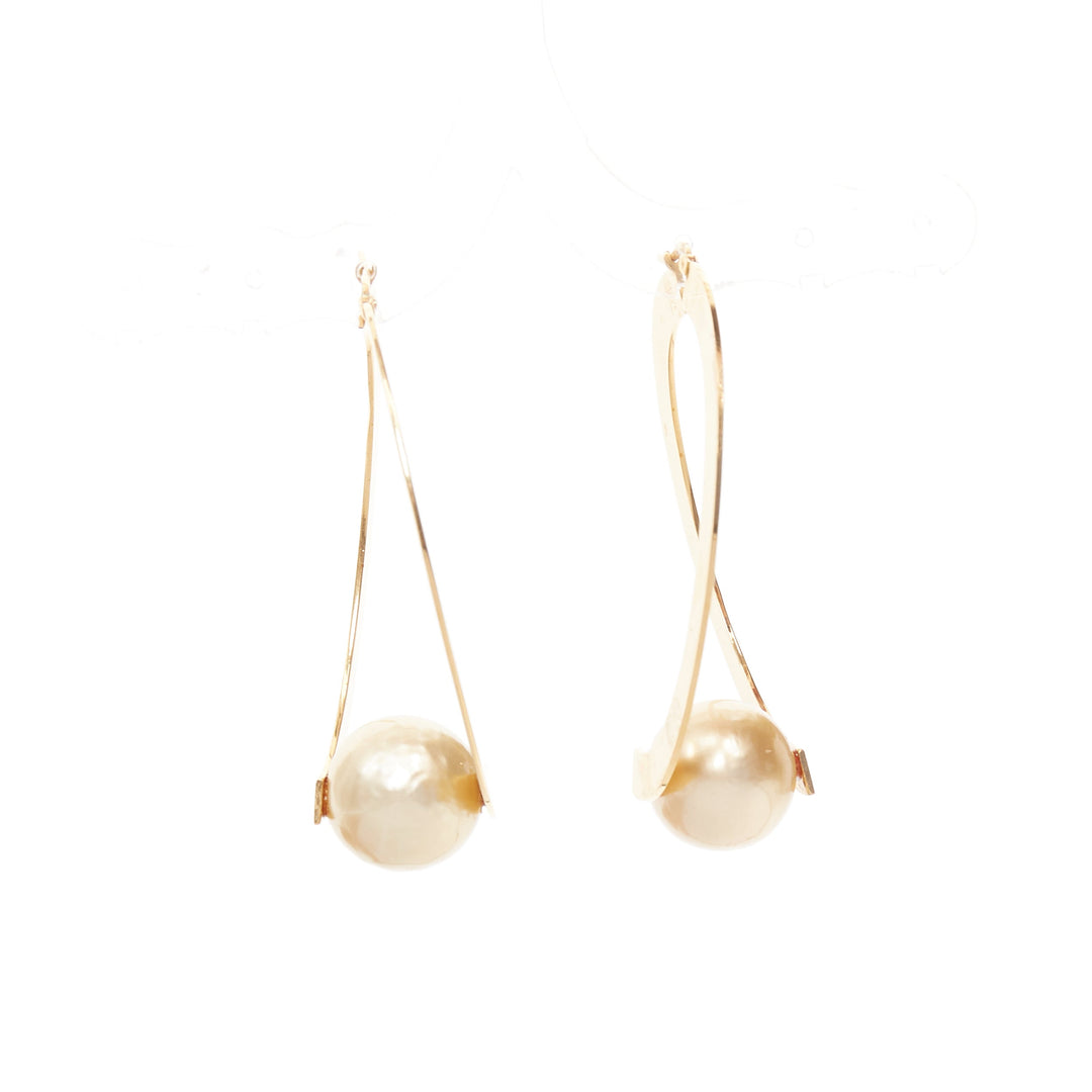 rare OLD CELINE Phoebe Philo Flat Hoop faux pearl brass hoop pin earring Pair