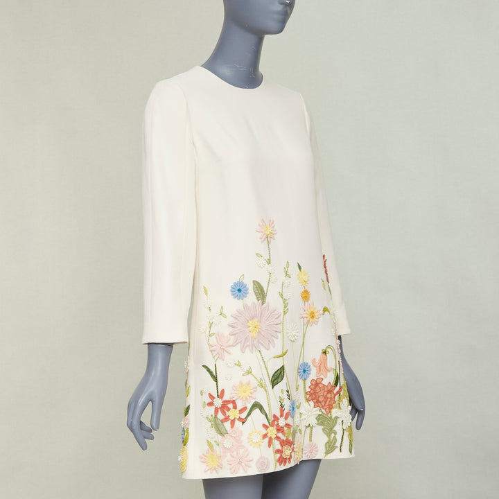 VALENTINO Crepe Couture ivory wool silk floral embroidered A-line dress IT38 XS