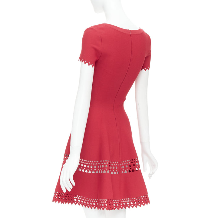 ALAIA red laser cut out cap sleeves wide round neck fit flared dress FR38 M