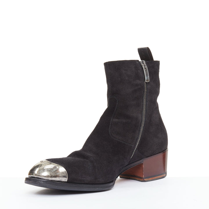 GIUSEPPE ZANOTTI Sheldon black suede silver metal toe cap  ankle boots EU44